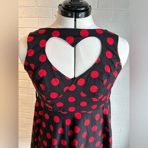 Rockabilly hell bunny dress black with red polka dots heart cut out sz L